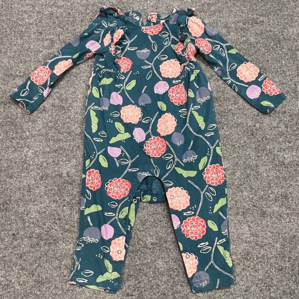 Tea Collection Floral Romper Kids 12-18M Teal Ruffle Long Sleeve Cotton Jumpsuit